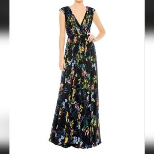 Mac Duggal Pleated Floral Cap Sleeve A Line Gown